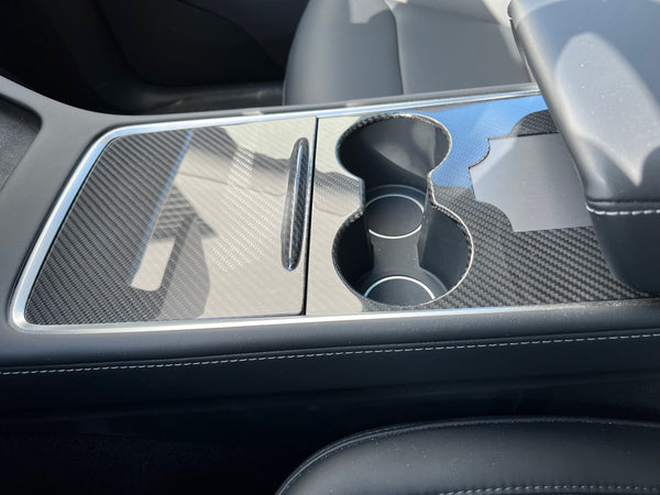 Tesla Model 3 og Y - Ægte carbon midterkonsol cover med nøglekort fordybning i højglans