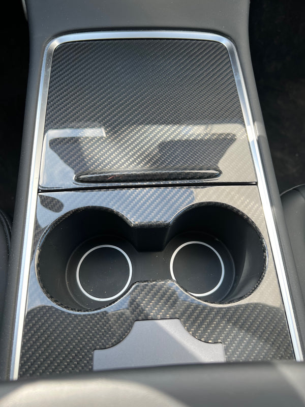Tesla Model 3 og Y - Ægte carbon midterkonsol cover med nøglekort fordybning i højglans